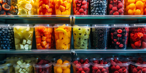Shelves with colorful fruit cups and berries, presenting a variety of fresh, ready-to-go snack options. This can be used in advertisements for supermarkets or healthy snack options - 722106533