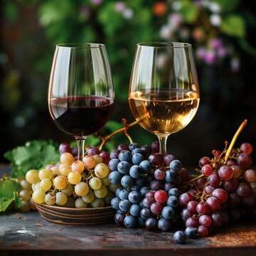 wine in glasses with grapes