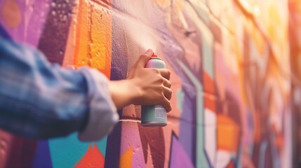 Hand holding a spray can, applying vibrant paint on a graffiti-covered wall, capturing the essence of street art