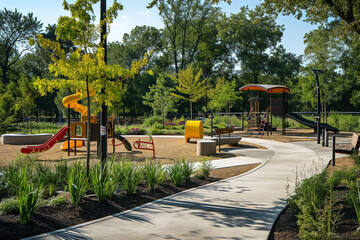minimalist public park with wheelchair-accessible pathways and inclusive play equipment, fostering an environment where everyone can enjoy outdoor spaces in a minimalistic photo