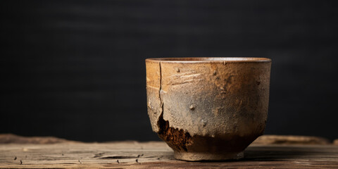 Wabi-Sabi Ceramic Bowl on Wood - obrazy, fototapety, plakaty