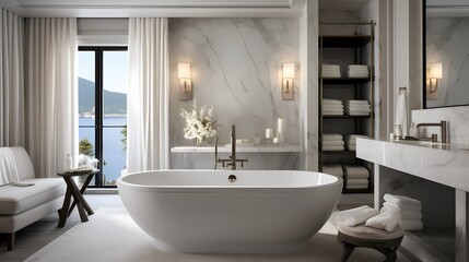 Fototapeta na wymiar Tranquil master bathroom featuring a freestanding tub, marble accents, and soft ambient lighting
