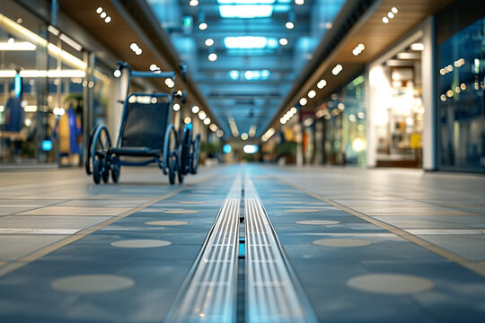 close-up of an accessible shopping area with ramps and wide aisles, creating a barrier-free retail environment for customers with mobility challenges in a minimalistic photo