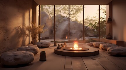Tranquil meditation space surrounded by natural elements, earthy tones, and soft lighting