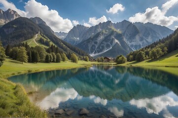 Fototapeta na wymiar Beautiful view of Seealpsee in mountain landscape, Allgäuer Alpen, Oberstdorf, Bavaria, Germany