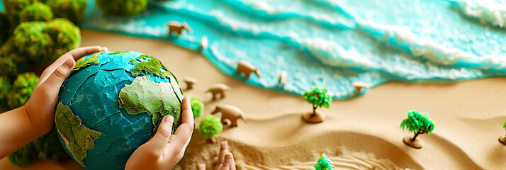 Close-up image of a child holding an earth-like sphere in his hand against a background of nature and animals made of paper