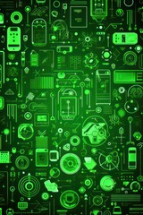 Green background for a webpage with many technology style icons