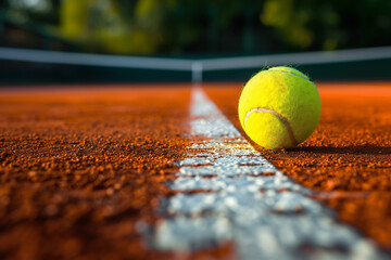 macro detail of a yellow tennis ball on a clay tennis court with white line