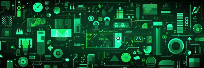 Green abstract technology background using tech devices and icons