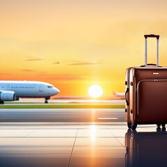 suitcases for luggage at the airport, runway,plane in the background, sunrise, holiday travel concept