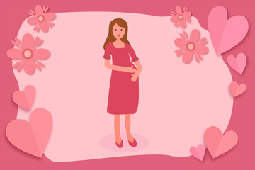 Pregnant woman touching her belly with full of love and happiness, standing in the middle of the frame including elements decorated with flower and heart, paper cut style, vector illustration.