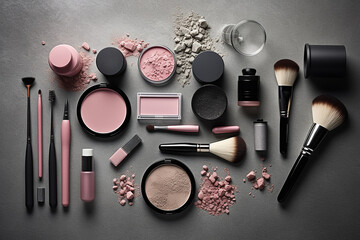 Assorted make up products and brushes laid out on a gray background.
