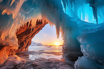 Fototapeta premium Icicles in cave on lake at sunset
