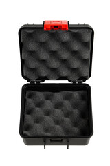 Black plastic container with foam inside for safe storage and transportation of fragile and expensive items. Sturdy plastic case. Isolate on a white back.