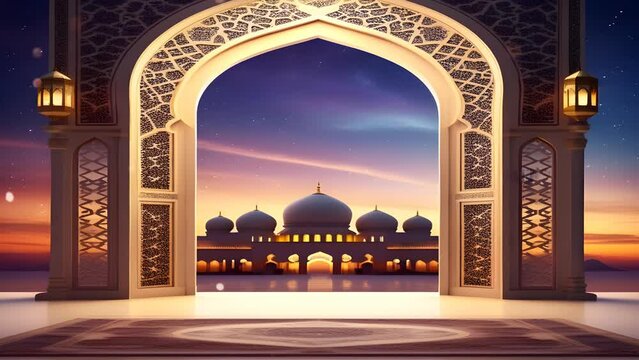 Ramadan Decoration mosque door, gold month and vintage lantern, seamless looping time-lapse virtual video background animation.