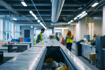 vibrant photo capturing a garbage chute in a bustling office environment, surrounded by employees engaged in sustainable waste disposal practices, highlighting workplace responsibi - obrazy, fototapety, plakaty