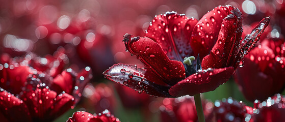 Dewdrops Adorning Red Tulips