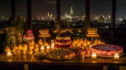 Elegant Rooftop Celebration: A Night of Candlelight and City Views AI-Generative