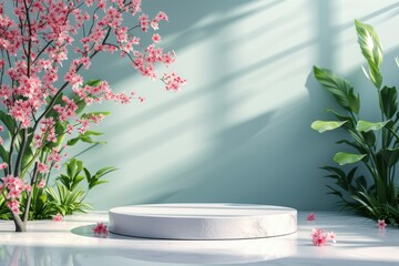 Fototapeta na wymiar podium with spring background, mockup display stand for product presentation, hyper detailed, photorealistic, 16K, ultra realistic, no watermark - generative ai