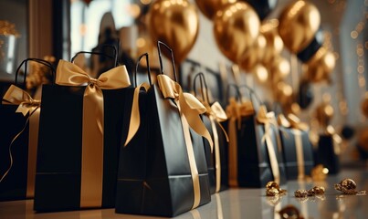 shopping bags with ribbon, gold and black, for black friday, weddings, birthday, christmas, fancy, luxury, golden balloons in the background, premium look, fancy gift bags, Generative AI