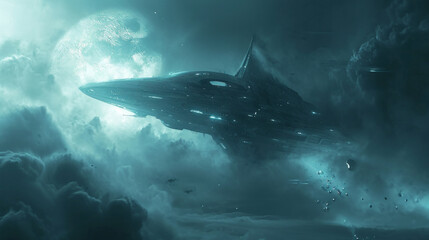 Fototapeta premium The cover of an alien spaceship over the earth.