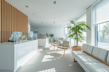 minimalist eye care clinic with soothing colors and comfortable seating, creating a welcoming environment for individuals seeking vision tests, minimalistic photo