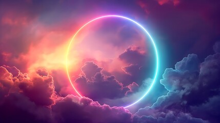 A circle of purple neon lights in the sky, Futurism  - obrazy, fototapety, plakaty