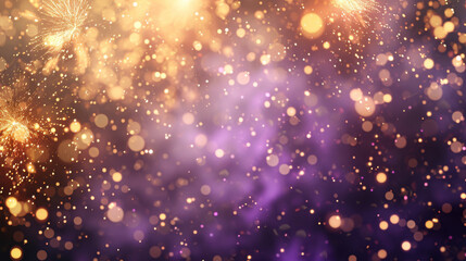 Obraz na płótnie Canvas Fireworks explode in the air at night sky with golden sparkles.