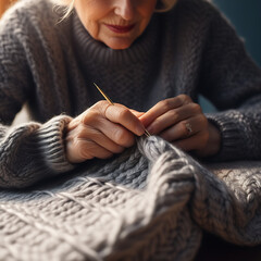Elderly senior woman's hands knitting with needles warm and cozy sweeter. close up. Hobby, craft, diy