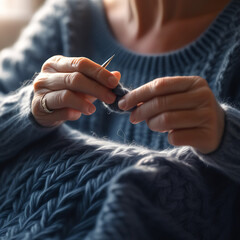 Elderly senior woman's hands knitting with needles warm and cozy sweeter. close up. Hobby, craft, diy