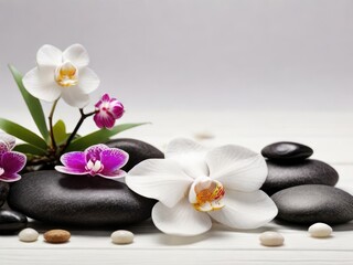 Naklejka na ściany i meble Serenity Spa Escape: Aromatherapy Bliss with Massage Pebbles,black Tranquil Stone Stacks and Orchid Flowers 