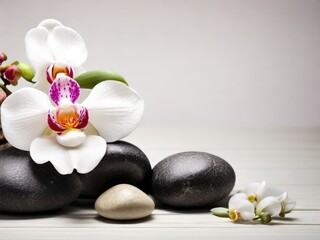Naklejka na ściany i meble Serenity Spa Escape: Aromatherapy Bliss with Massage Pebbles,black Tranquil Stone Stacks and Orchid Flowers 