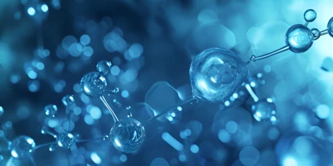 Fotobehang universal Solvent: water molecute, 2 hydrogen 1 oxygen,  ability to dissolve many substances, microscopic view of water molecules, glass bubbles, soap bubbles blue glow © Shahidah