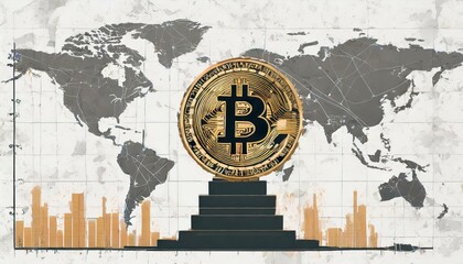 Bitcoin symbol in front of the world map, economy concept