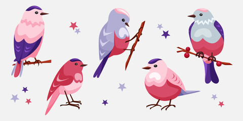 Set of cute seasonal birds in pink and blue. Sparrows on a twig. Spring and winter birds for a cute cartoon-style design. Birds in different positions with stars