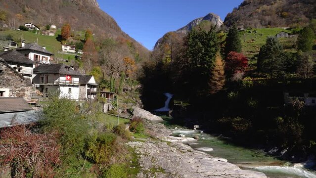 Marvelous autumnal view in the Verzasca Valley in Switzerland.