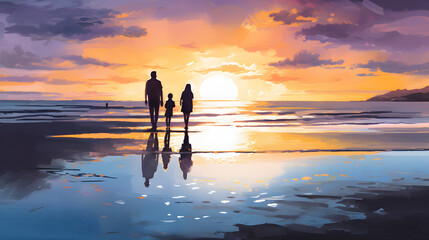 "Golden Horizon: Family Silhouette Against Sunset Reflections" AI-Generative