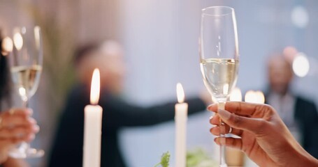 Hands, glasses and champagne for toast at gala, celebration or social gathering with alcoholic beverage for win. People with alcohol drink for cheers and party, festive and wine to celebrate
