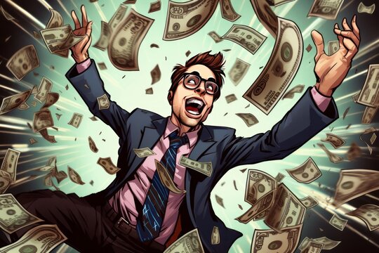 Illustration Of Happy Businessman Celebrates Success Standing With A Pile Of Money Banknotes Cash Falling On Lime Background. Concept Of Success Startup. Financial And Paper Concept