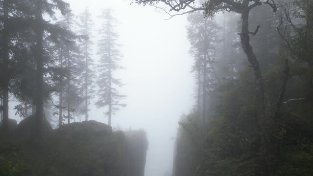 Drone view of woman walking on the side of a gorge on a misty moody day