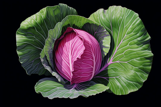Red cabbage isolated on black background, watercolor