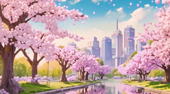 spring in the city with pink cherry blossom trees. Cartoon or anime watercolor painting illustration style. seamless looping 4K virtual video animation background