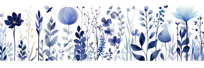 Indigo several pattern flower, sketch, illust, abstract watercolor, flat design