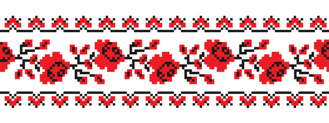 Ukrainian ornament in traditional colors on a white background, pixel art. Ukrainian embroidery vector. Geometric pattern,border