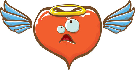 Cartoon bintage groovy heart character with wings and holy angel golden nimbus isolated on white background. Conceptual valentines day comic funky heart sticker and label vintage cartoon comic style
