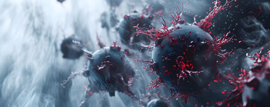 Abstract 3d banner of floating grey bacteria, microbes, virus cells on blurred background with copy space. Close up render of covid, flu, infection disease. Сoncept for hospitals, clinics, medicine.