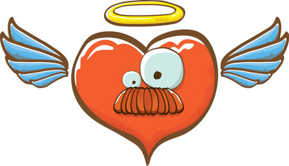 Naklejka premium Cartoon bintage groovy heart character with wings and holy angel golden nimbus isolated on white background. Conceptual valentines day comic funky heart sticker and label vintage cartoon comic style