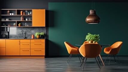 dark teal kitchen with orange highlights