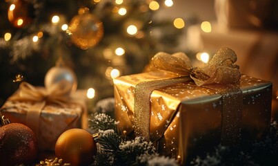Gold gift in front of a christmas tree, christmas light, christmas present and ornaments, decoration, present, golden present wrap, Generative AI - Powered by Adobe