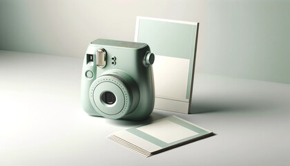 Artistic Instant Camera with Polaroid, Portrait Orientation, Pastel Backdrop, Minimalist Setup